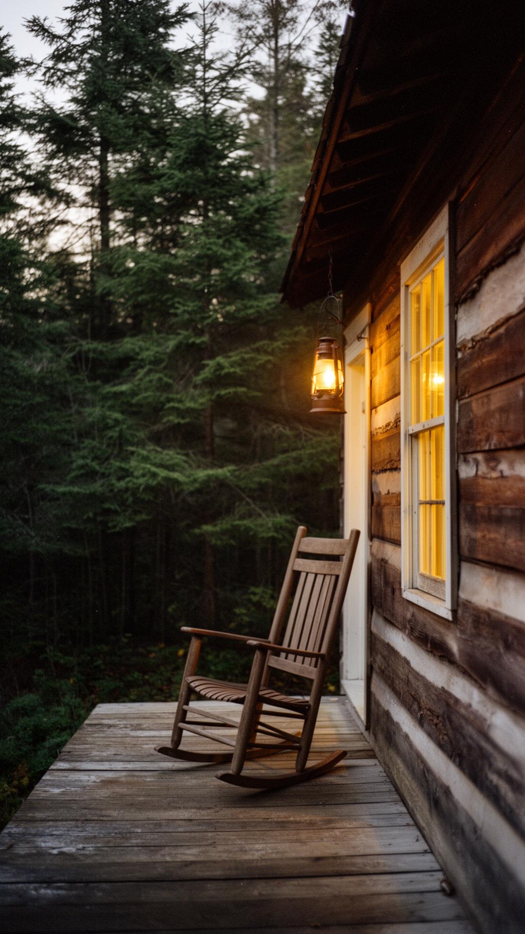 Cedar cabin porch at dusk
