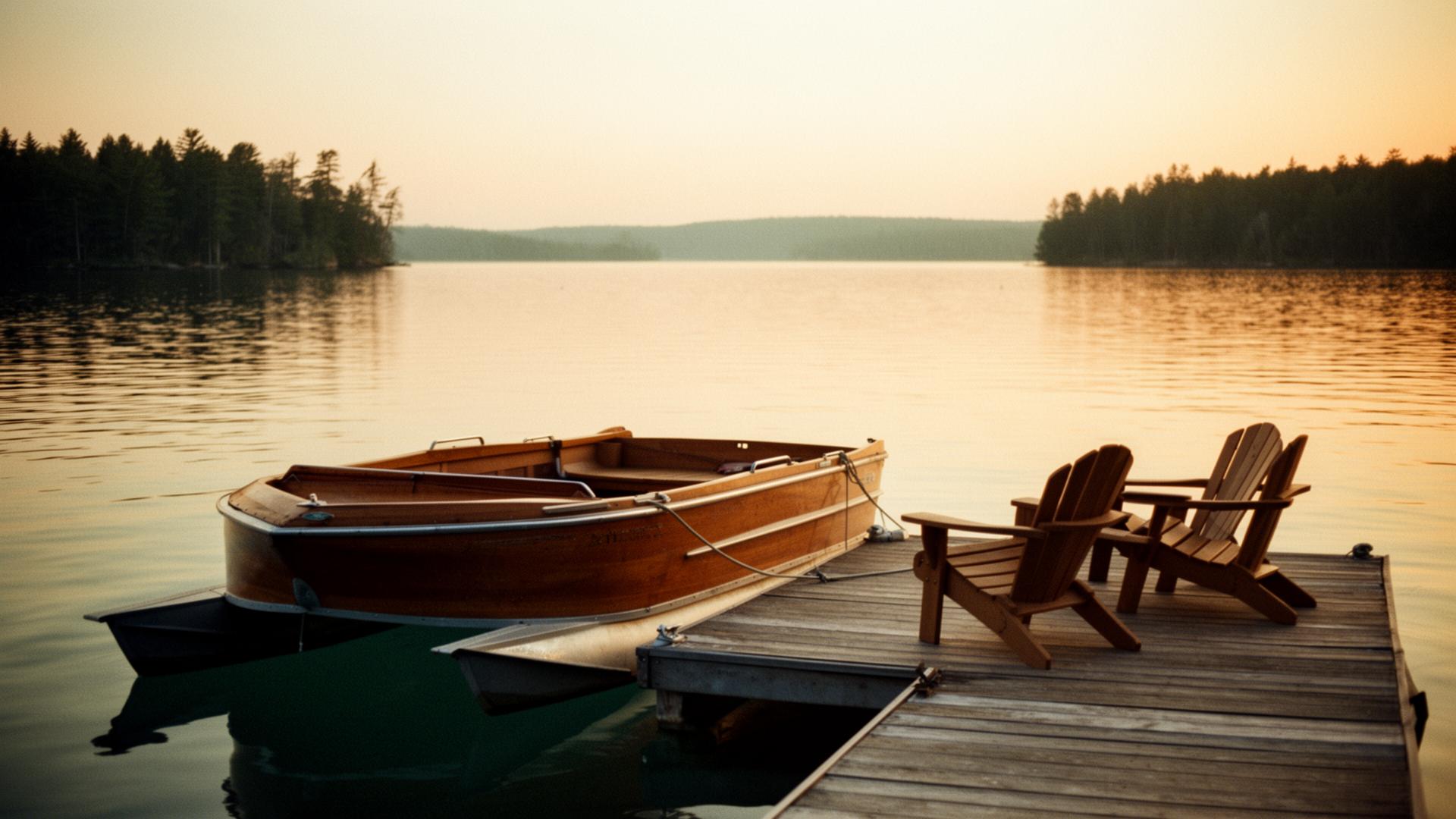 Wooden boat at a Michigan lake dock at sunset